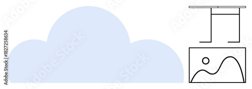 Blue cloud shape with wireframe desk and inserted landscape placeholder icon indicating data storage, upload, or transfer. Ideal for technology, cloud computing, applications, data workspace