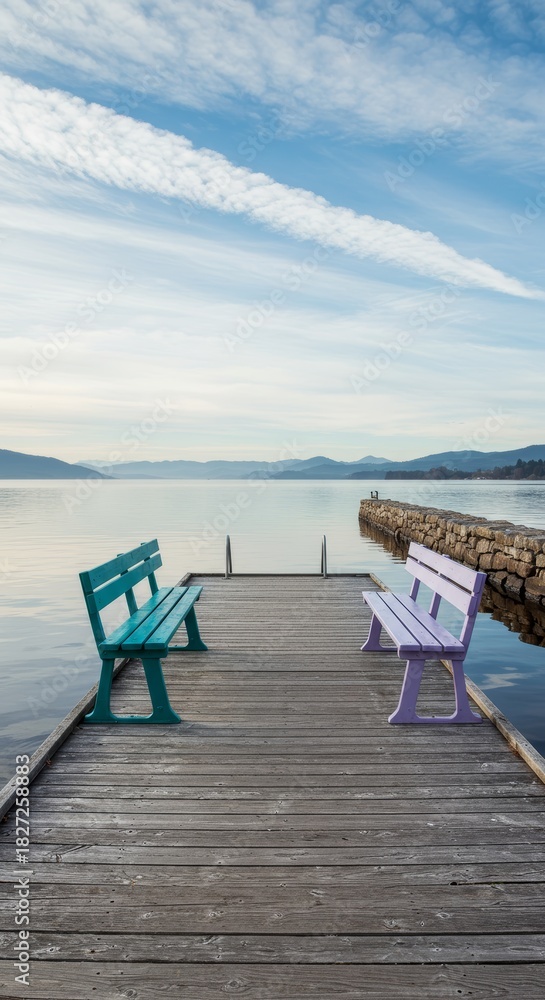 Fototapeta premium Benches rest on dock overlooking tranquil bay