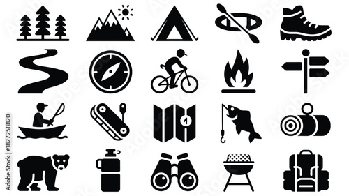 Outdoor adventure essentials camping hiking and exploration gear collection icons