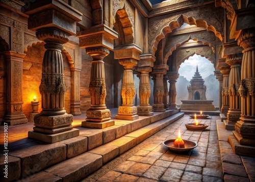 Serene tranquility reigns within ancient stone walls of a sacred Indian ashram