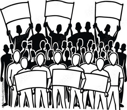 Crowd Protesting with Blank Signs and Flags demonstration