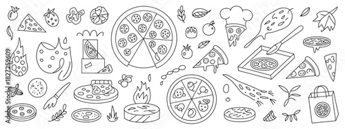 Delicious italian food doodle collection featuring pizza slices and ingredients drawing