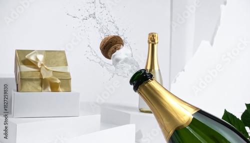 Champagne Bottle Opening with Splash and Gift Box in Background