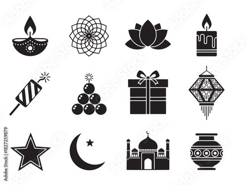 Diwali Icons Collection. Diwali Icons silhouette icon set: diya lamp, rangoli, lotus flower, candle, firecracker, sweets, gift box, lantern, star, moon, temple, oil pot.