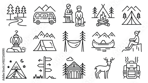 Outline camping icons set adventure outdoor travel elements for nature tourism trip