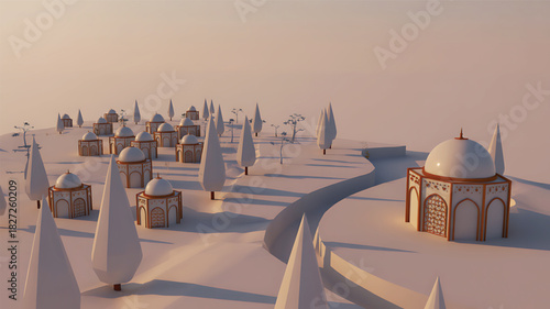 Serene miniature islamic cityscape with mosque and minarets at dusk