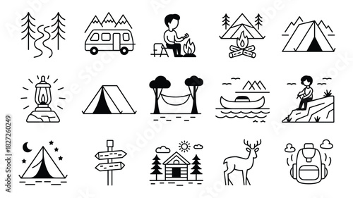 Explore nature camping and outdoor adventure icons for travel and recreational activities