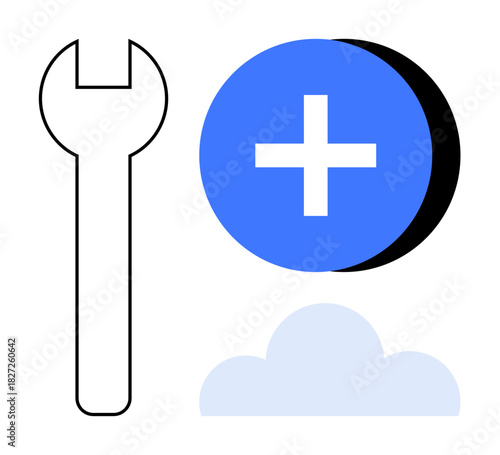 Technology tools concept. Wrench, plus symbol, and cloud icons technological advancement, toolkits, and data organization. Great for innovation, development, data solutions and digital design