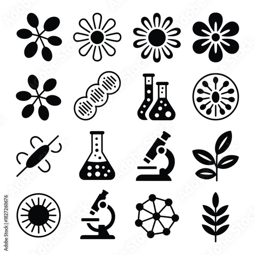 Science and nature icons: biology, chemistry, and botany symbols collection