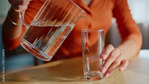 Woman hands taking water jar from table. Calm brunette pouring fresh beverage