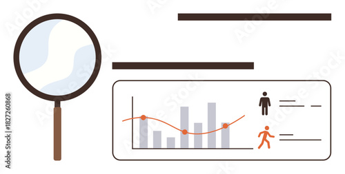 Magnifying glass focusing on bar and line chart with user metrics and activity data. Ideal for analytics, research, statistics, monitoring, strategy, data insights, simple flat metaphor