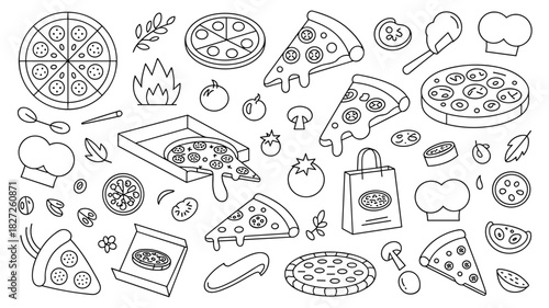 Delicious italian pizza ingredients and cooking elements outline food illustration set art