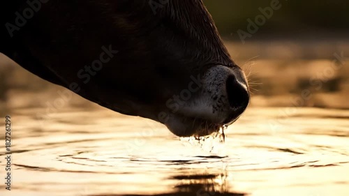 Cow drinking water in a serene river at golden hour light.