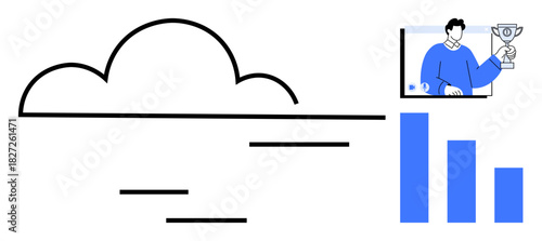 Cloud graphic with data bars and a person holding a trophy on a virtual meeting screen. Ideal for cloud storage, data management, virtual success, technology, teamwork, innovation, digital