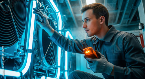Technician inspecting futuristic cooling system with digital scanner