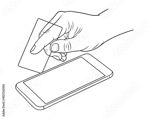 Outlined Hand Holds Card Above Phone: Mobile Payment Illustration Detail