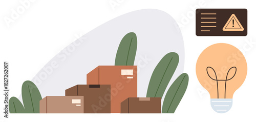 Stacked brown boxes with green plants, an exclamation alert card, and glowing light bulb. Ideal for delivery, innovation, awareness, safety, eco-friendly concepts, problem-solving simple flat