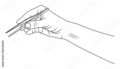 Detailed line drawing of a hand holding chopsticks for Asian cuisine
