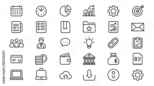 Collection of business office finance management and marketing outline style icons set design