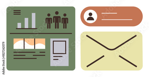 Business dashboard with bar chart, profile icon, text fields, and large envelope graphic. Ideal for communication, analytics, teamwork, user management, email notifications data tracking simple