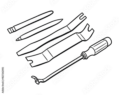 Illustrated Automotive Trim Removal Tool Set with Handled Pry Bar Design