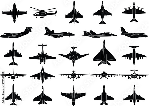 Aircraft silhouette set, top and side views, jet, helicopter, propeller plane icons, aviation design, black vector illustration collection