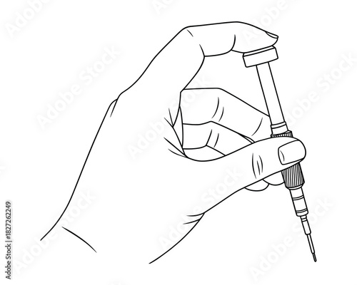 Human hand holding a precision screwdriver for detailed repairs in drawing