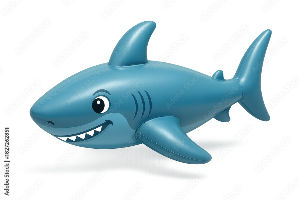 Fototapeta premium Inflatable shark toy floating, summer water leisure, swimming pool fun, children's beach vacation recreation with happy animal character