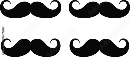 Black mustache icon set, curled styles, symmetrical shapes, vintage facial hair, minimalist design, grooming symbol, character illustration, vector art