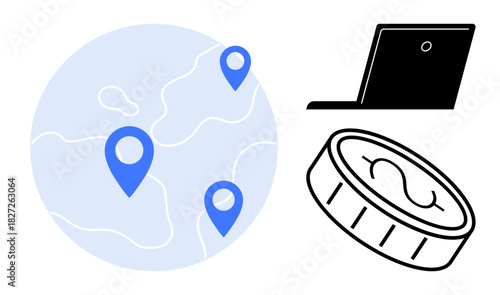 Map with location markers, laptop, and coin representing global trade, online transactions, digital networking, market analysis, e-commerce, international business. Ideal for fintech innovation