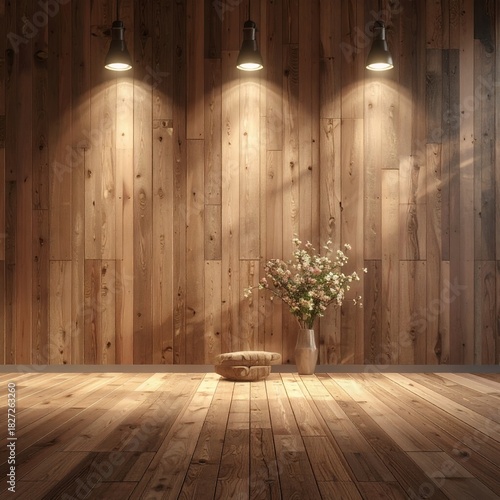 Rustic Wooden Room Interior with Spotlights and Floral Decor.