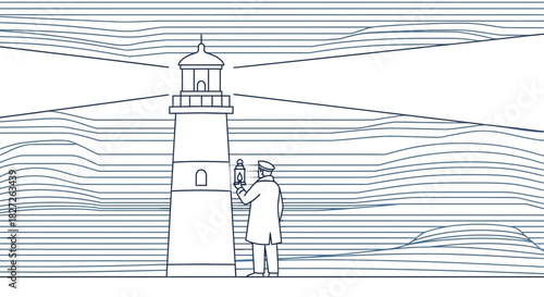 Minimalist Lighthouse Illustration with Sailor and Sea Line Art Design Concept