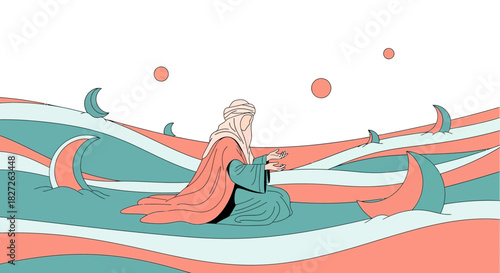 Minimalist illustration of a man in traditional Middle Eastern attire meditating in a surreal