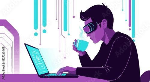 Man using virtual reality glasses and laptop enjoying a cup of coffee for creativity