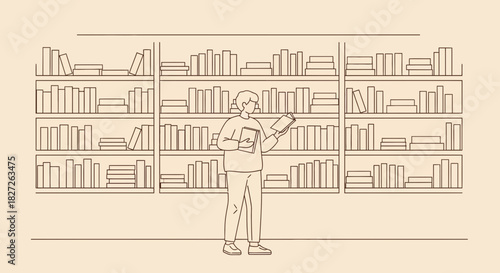 Line art illustration of a person reading in a library with bookshelves minimal design