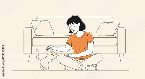 Illustrative vector art portraying a serene moment between a woman and her cat at home