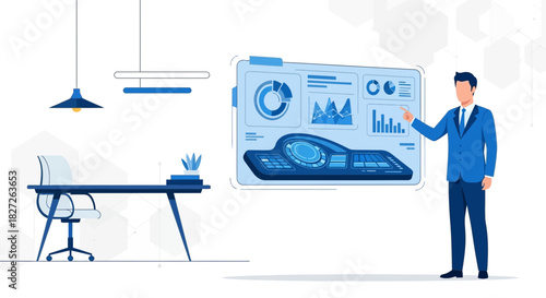 Executive presents data analytics insights in modern office setting illustration
