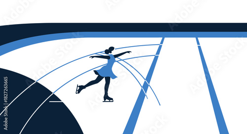 Elegant figure skater executing a graceful pose on ice, depicted with clean lines, minimal design