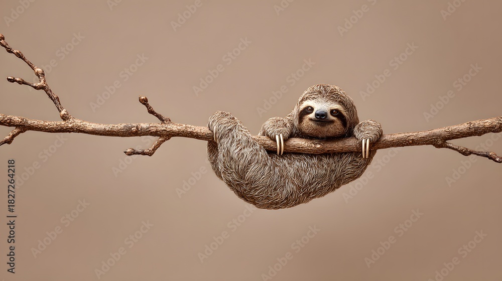 Obraz premium Adorable Sloth Hanging Upside Down on a Tree Branch with a Gentle Smile.