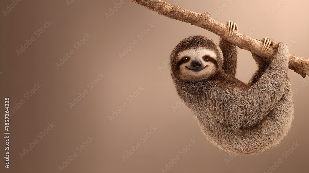 Fototapeta premium Adorable Sloth Hanging Upside Down on a Branch with a Gentle Smile.
