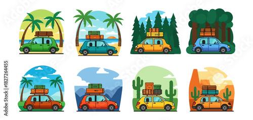 Collection of colorful cartoon cars packed for a road trip adventure.
