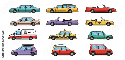 Collection of colorful cartoon cars and transportation vehicles.