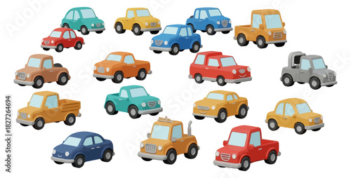 Collection of colorful toy cars arranged in a circular pattern.