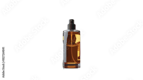 Clear Glass Perfume Bottle with Amber Liquid and Black Sprayer on White Background fragrance