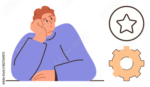 Person resting face on hand in contemplation with star and gear icons symbolizing evaluation, process, and decision-making. Ideal for mental health, creativity, productivity, problem-solving