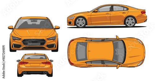 Orange modern sedan car from multiple angles front side top and rear view.