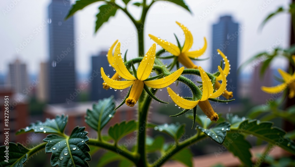 Fototapeta premium Yellow tomato flowers with dew drops against city skyline
