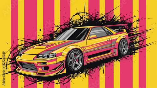 Vibrant yellow and pink Japanese custom sports car vector illustration.