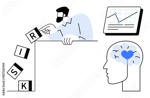 Professional placing blocks to spell risk, diagram showing growth chart, brain with a heart. Ideal for risk management, decision-making, emotional intelligence, planning, leadership, analytics