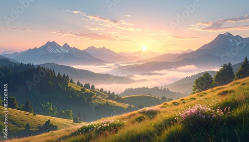 Sunlight breaks through a hazy sky over a landscape of green, flower-dotted hills and distant mist-filled mountains.